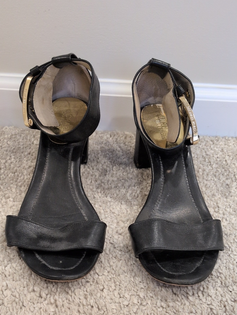 MICHAEL Michael Kors Black Leather Ankle Strap Block Heels with Gold Buckle